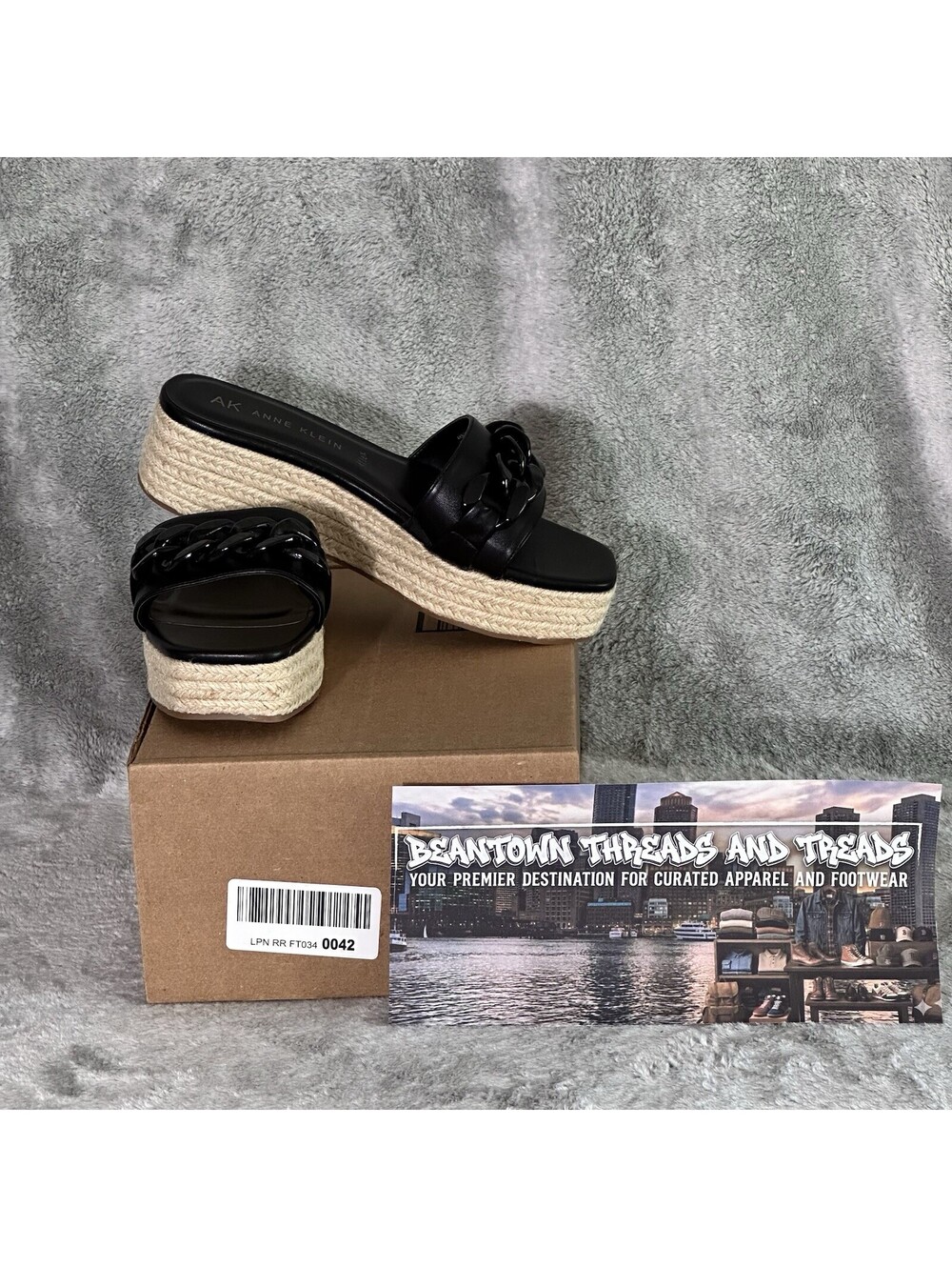 Anne Klein 9M  Nomad Black Espadrille Wedge Platform Slide Sandals Chain Accent